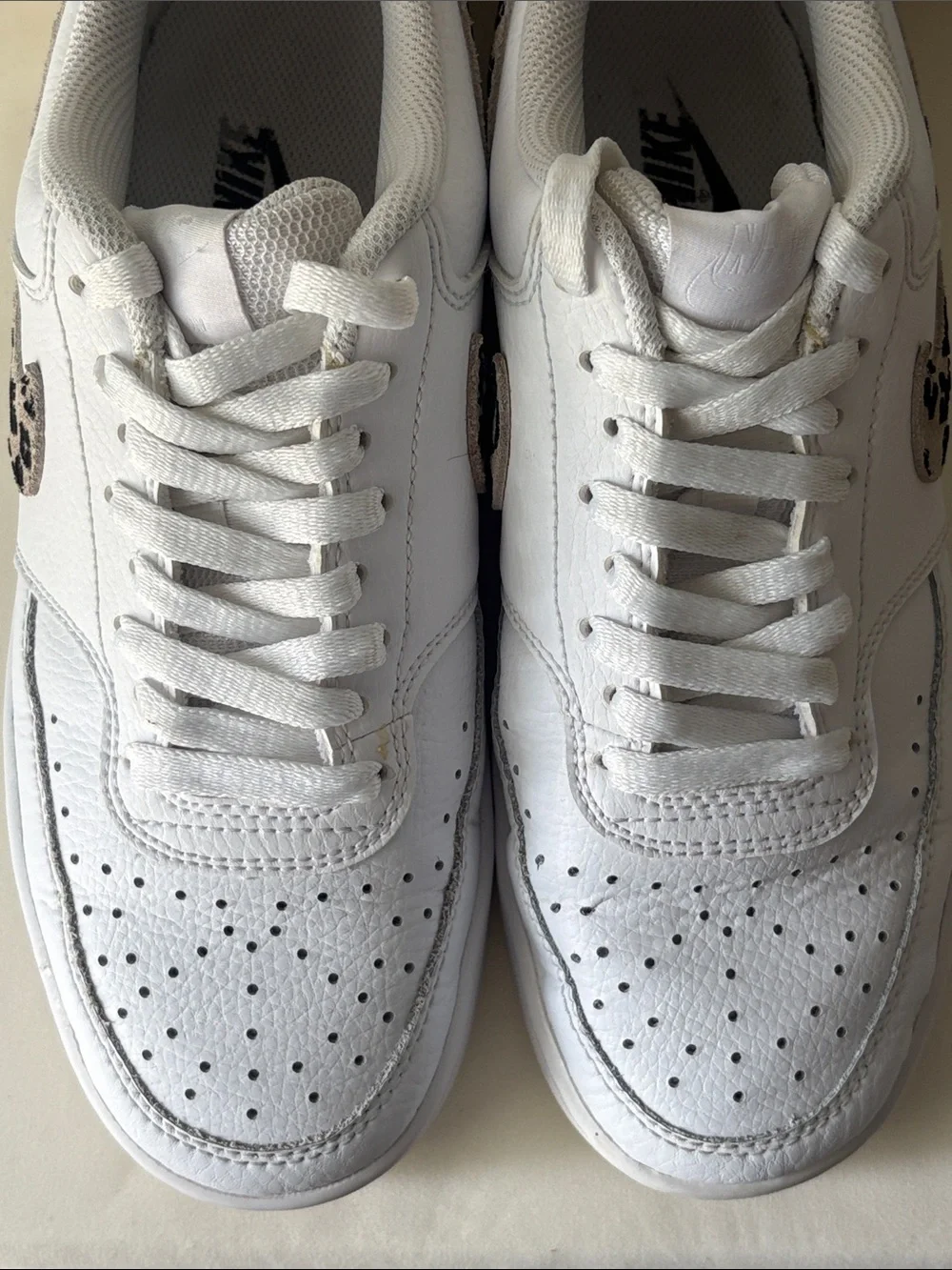 Nike Women's Court Vision Low White Sneakers with Leopard Swoosh